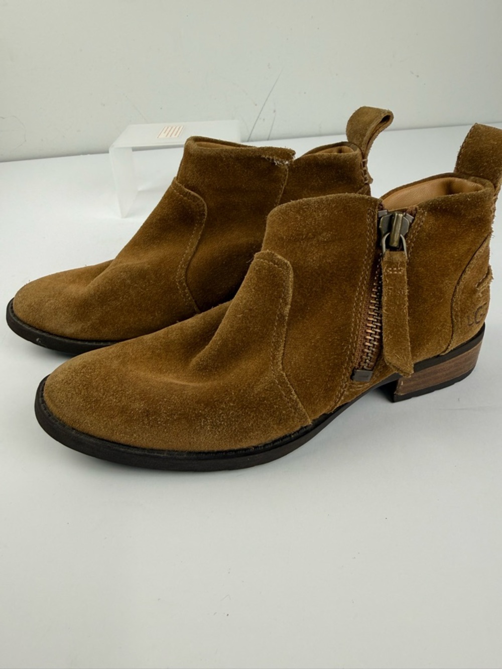 Ugg Aureo II Suede Ankle Boots Size 5.5 Chestnut Tan Zip Brown Uggs - Picture 3 of 6